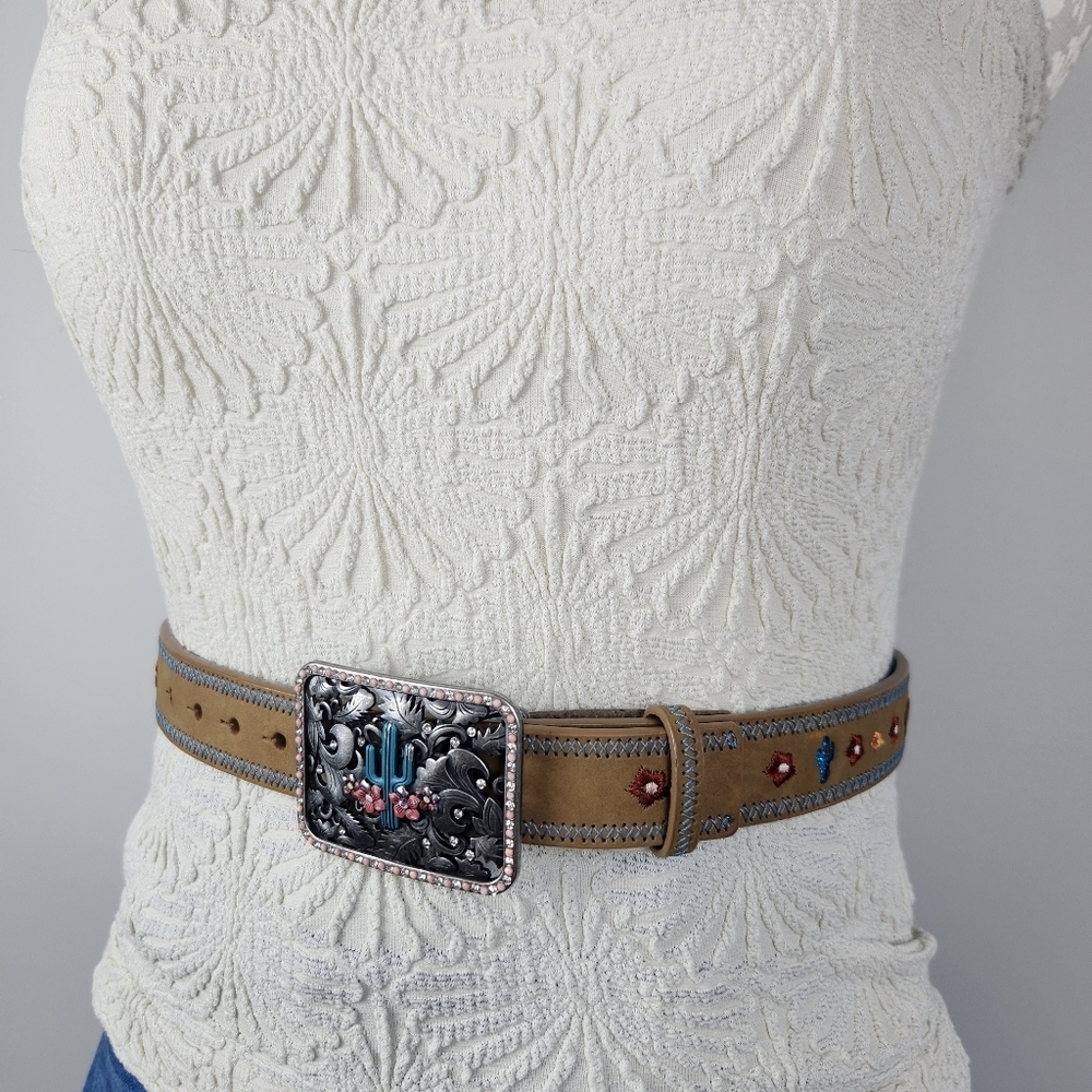 Catchfly Western Embroidery Belt Size Small Leather Back Silver Belt Buckle